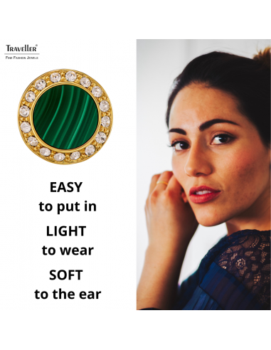Traveller Earrings - 22ct Gold Plated - Real Malachite - Green - Crystals - Ø 9 mm - Unique - 112507