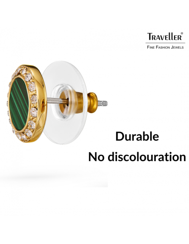 Traveller Earrings - 22ct Gold Plated - Real Malachite - Green - Crystals - Ø 9 mm - Unique - 112507