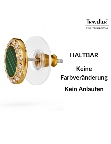 Traveller Ohrstecker - 22kt Vergoldet - Echter Malachit - Grün - Kristalle - Ø 9 mm - Einzigartig - 112507