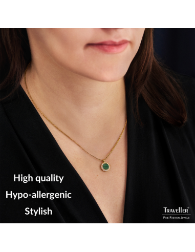 Traveller Necklace with Pendant - 22ct Gold Plated - Real Malachite - Green - Crystal - Ø 11mm - 40 + 4 + 4 cm - 112504  Traveller Necklace with Pendant - 22ct Gold Plated - Real Malachite - Green - Crystal - Ø 11mm - 40 + 4 + 4 cm - 112504