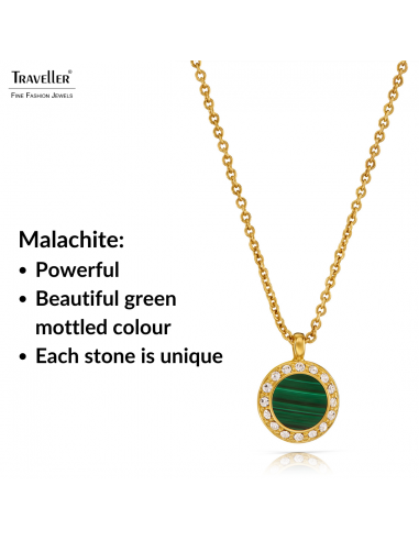 Traveller Necklace with Pendant - 22ct Gold Plated - Real Malachite - Green - Crystal - Ø 11mm - 40 + 4 + 4 cm - 112504  Traveller Necklace with Pendant - 22ct Gold Plated - Real Malachite - Green - Crystal - Ø 11mm - 40 + 4 + 4 cm - 112504