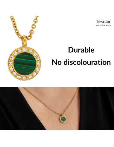 Traveller Necklace with Pendant - 22ct Gold Plated - Real Malachite - Green - Crystal - Ø 11mm - 40 + 4 + 4 cm - 112504  Traveller Necklace with Pendant - 22ct Gold Plated - Real Malachite - Green - Crystal - Ø 11mm - 40 + 4 + 4 cm - 112504