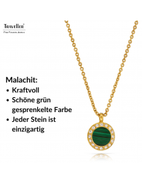 Traveller Kette mit Anhänger - 22kt Vergoldet - Echter Malachit - Grün - Kristalle - Ø 11mm - 40 + 4 + 4 cm - 112504  Traveller Kette mit Anhänger - 22kt Vergoldet - Echter Malachit - Grün - Kristalle - Ø 11mm - 40 + 4 + 4 cm - 112504