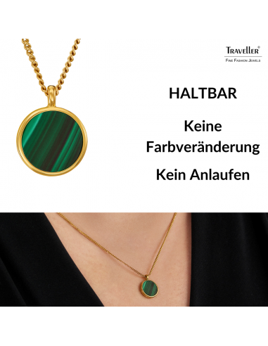 Traveller Kette mit Anhänger - 22kt Vergoldet - Echter Malachit - Grün - Ø 11mm - 40 + 4 + 4 cm - 112505 Traveller Kette mit Anhänger - 22kt Vergoldet - Echter Malachit - Grün - Ø 11mm - 40 + 4 + 4 cm - 112505
