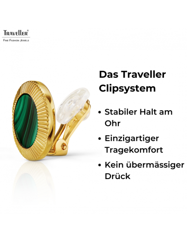 Traveller Ohrclips - 22kt Vergoldet - Echter Malachit - Grün - Ø 15 mm - Einzigartig - 112508