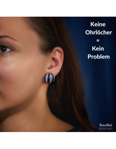 Traveller Ohrclip - 22kt Vergoldet - Kristalle - Email Blau - Kugelförmig - Ø 20mm - 157636