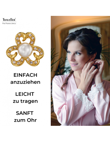 Traveller Ohrclips - Vergoldet - Perle - 8 mm - Weiss - Kristalle - 20x20 mm - 114295