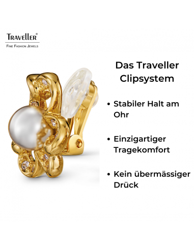 Traveller Ohrclips - Vergoldet - Perle - 8 mm - Weiss - Kristalle - 20x20 mm - 114295