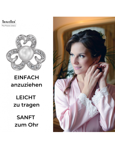 Traveller Ohrclips - Silberfarben - Perle - 8 mm - Weiss - Kristalle - Platiniert - 20x20 mm - 114296