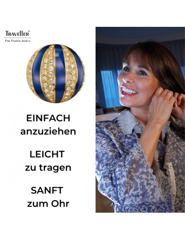Traveller Ohrclip - 22kt Vergoldet - Kristalle - Email Blau - Kugelförmig - Ø 20mm - 157636