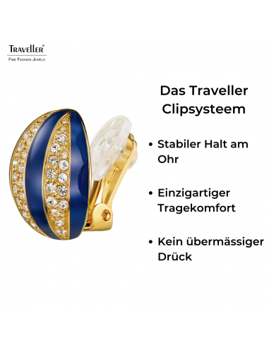 Traveller Ohrclip - 22kt Vergoldet - Kristalle - Email Blau - Kugelförmig - Ø 20mm - 157636