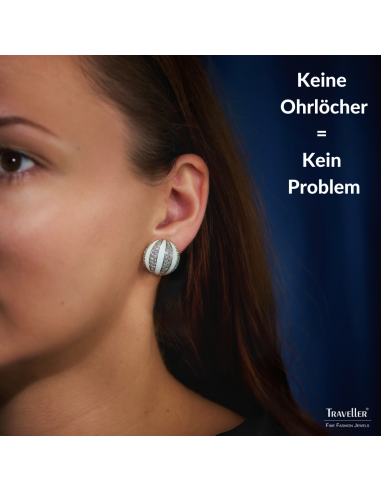 Traveller Ohrclip - Silberfarben - Kristalle - Email Weiß - Kugelförmig - Platiniert - Ø 20mm - 157637