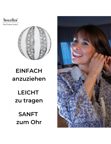 Traveller Ohrclip - Silberfarben - Kristalle - Email Weiß - Kugelförmig - Platiniert - Ø 20mm - 157637