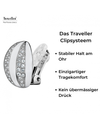 Traveller Ohrclip - Silberfarben - Kristalle - Email Weiß - Kugelförmig - Platiniert - Ø 20mm - 157637