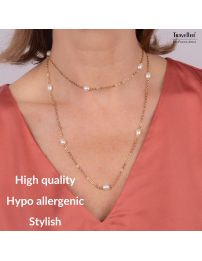 Traveller Necklace - Gold Plated - Freshwater Pearls - White - 10x6 mm - Stainless Steel - 181274