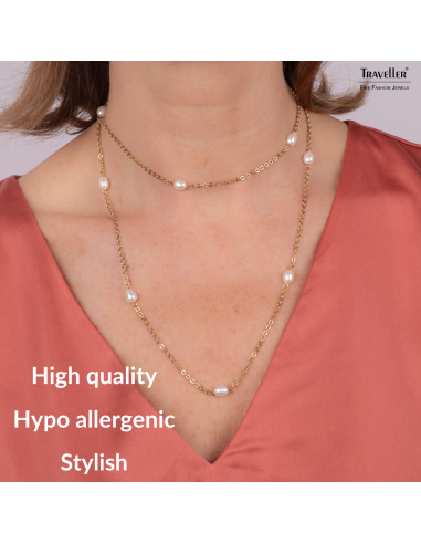 Traveller Necklace - Gold Plated - Freshwater Pearls - White - 10x6 mm - Stainless Steel - 181274