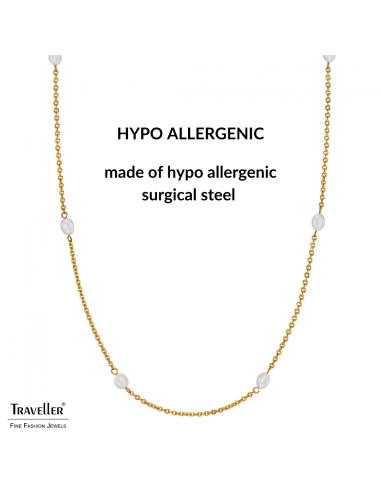 Traveller Necklace - Gold Plated - Freshwater Pearls - White - 10x6 mm - Stainless Steel - 181274