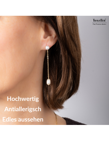 Traveller Ohrhänger - Vergoldet - Süßwasserperlen - Weisß - 6 und 10x6 mm - Edelstahl - 181275