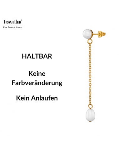 Traveller Ohrhänger - Vergoldet - Süßwasserperlen - Weisß - 6 und 10x6 mm - Edelstahl - 181275