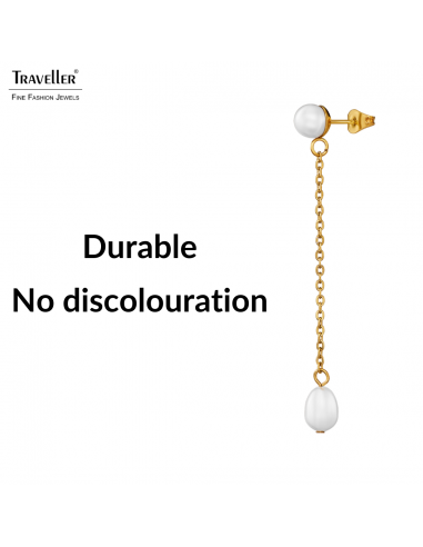 Traveller Drop Earrings - Gold Plated - Freshwater Pearls - White - 6 and 10x6 mm - Stainless Steel - 181275
