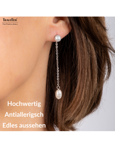 Traveller Ohrhänger - Silberfarben - Süßwasserperle - Weiß - 6 und 10x6 mm - Edelstahl - 181276