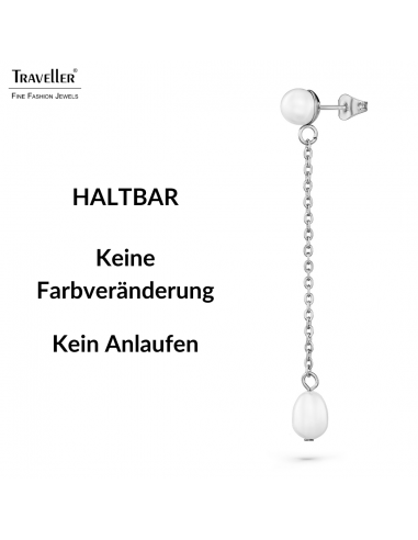 Traveller Ohrhänger - Silberfarben - Süßwasserperle - Weiß - 6 und 10x6 mm - Edelstahl - 181276