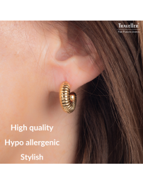 Traveller Earrings - Hoop Earrings - Gold Plated - 3/4 Hoop - Ribbed - Stainless Steel - 18 x 6 mm - 181277