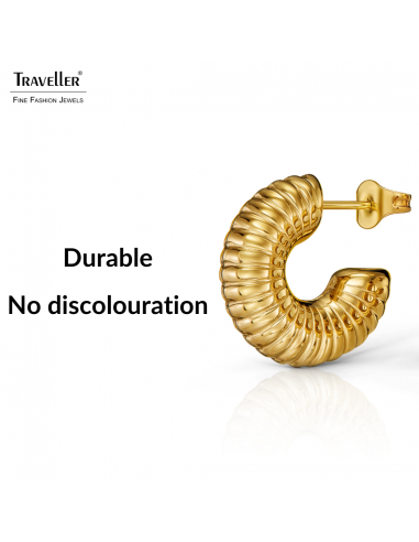 Traveller Earrings - Hoop Earrings - Gold Plated - 3/4 Hoop - Ribbed - Stainless Steel - 18 x 6 mm - 181277