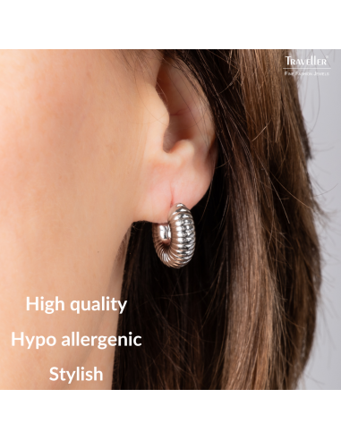 Traveller Earrings - Hoop Earrings - Silver Coloured - 3/4 Hoop - Ribbed - Stainless Steel - 18 x 6 mm - 181278