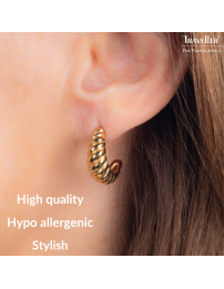 Traveller Earrings - Hoop Earrings - Gold Plated - 2/3 Hoop - Ribbed - Stainless Steel - 21 x 7 mm - 181279