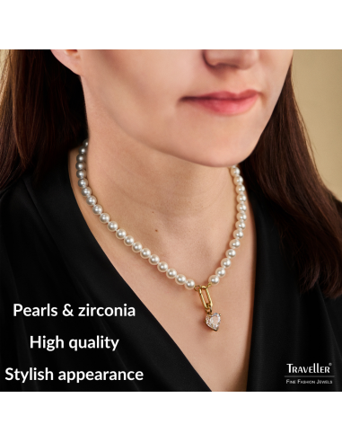 Traveller Pearl Necklace with Pendant - Pearls - 8 mm - White - Crystal - 12 mm - Heart - 45 cm - 22ct Gold Plated - 114312  