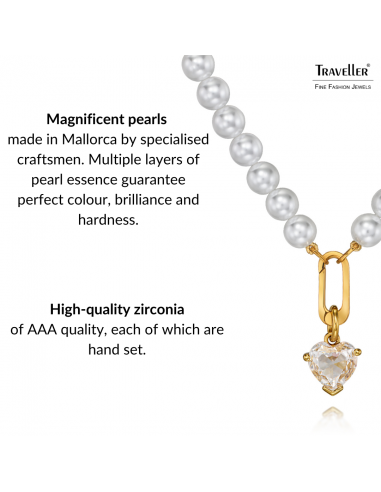 Traveller Pearl Necklace with Pendant - Pearls - 8 mm - White - Crystal - 12 mm - Heart - 45 cm - 22ct Gold Plated - 114312  