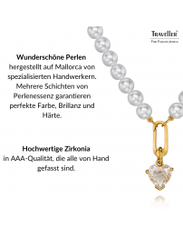 Traveller Perl-Collier mit Anhänger - Perlen - 8 mm - Weiss - Kristall - 12 mm - Herz - 45 cm - 22ct Vergoldet - 114312  