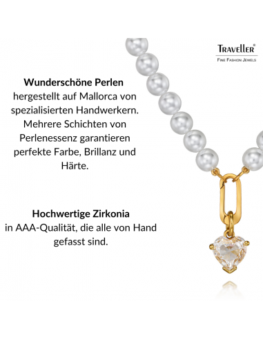 Traveller Perl-Collier mit Anhänger - Perlen - 8 mm - Weiss - Kristall - 12 mm - Herz - 45 cm - 22ct Vergoldet - 114312  