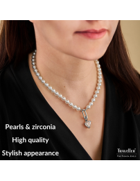 Traveller Pearl Necklace with Pendant - Pearls - 8mm - White - Crystal - 12 mm - Heart - 45cm - Platinum Plated - 114314