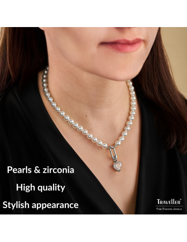 Traveller Pearl Necklace with Pendant - Pearls - 8mm - White - Crystal - 12 mm - Heart - 45cm - Platinum Plated - 114314