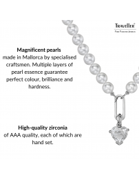 Traveller Pearl Necklace with Pendant - Pearls - 8mm - White - Crystal - 12 mm - Heart - 45cm - Platinum Plated - 114314