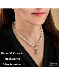 Traveller Perl-Collier mit Anhänger - Perlen - 8 mm - Weiss - Kristall - 12 mm - Herz - 45 cm - Platiniert - 114314