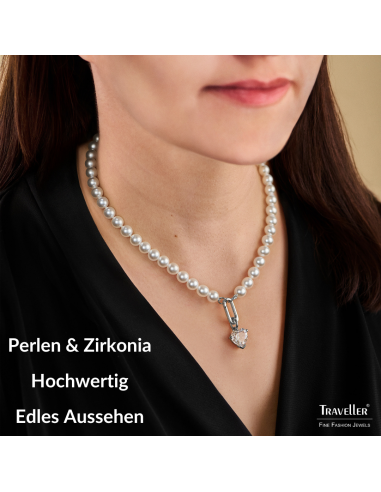 Traveller Perl-Collier mit Anhänger - Perlen - 8 mm - Weiss - Kristall - 12 mm - Herz - 45 cm - Platiniert - 114314