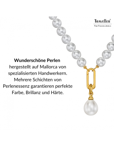 Traveller Perlenkette mit Anhänger - Perlen - 8 mm - Weiß - Perle - 12x14 mm - Oval - 45 cm - 22ct Vergoldet - 114316 