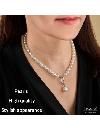 Traveller Pearl Necklace with Pendant - Pearls - 8 mm - White - Pearl - 12x14 mm - Oval - 45 cm - Platinum Plated - 114318