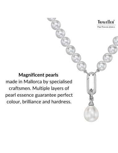 Traveller Pearl Necklace with Pendant - Pearls - 8 mm - White - Pearl - 12x14 mm - Oval - 45 cm - Platinum Plated - 114318