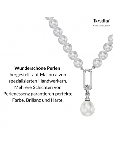Traveller Perlenkette mit Anhänger - Perlen - 8 mm - Weiß - Perle - 12x14 mm - Oval - 45 cm - Platiniert - 114318