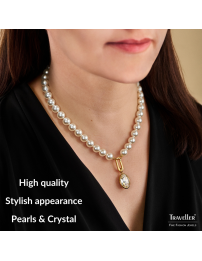 Traveller Pearl Necklace with Pendant - Pearls - 10 mm - White - Crystal - Oval - 45 cm - 22ct Gold Plated - 114320
