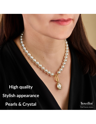 Traveller Pearl Necklace with Pendant - Pearls - 10 mm - White - Crystal - Oval - 45 cm - 22ct Gold Plated - 114320
