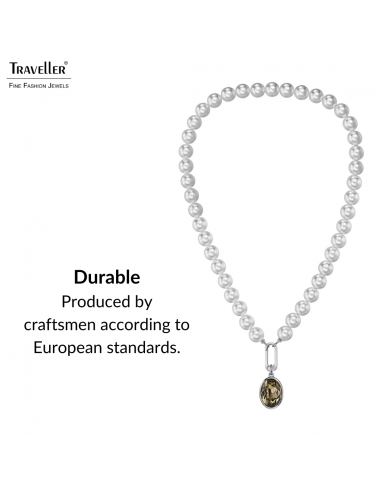 Traveller Pearl Necklace with Pendant - Pearls - 10mm - White - Crystal - Grey/Black - Oval - 45cm - Plated - 114324