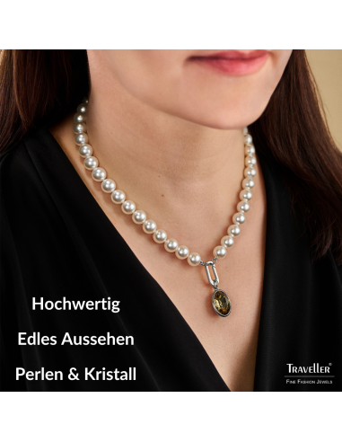 Traveller Perlenkette mit Anhänger - Perlen - 10mm - Weiß - Kristall - Grau/Schwarz - Oval - 45cm - Platiniert - 114324