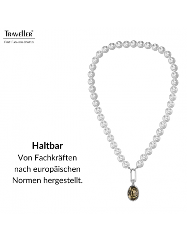 Traveller Perlenkette mit Anhänger - Perlen - 10mm - Weiß - Kristall - Grau/Schwarz - Oval - 45cm - Platiniert - 114324
