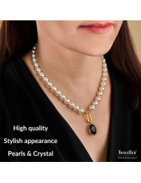 Traveller Pearl Necklace with Pendant - Pearls - 10mm - White - Crystal - Dark Blue - Oval - 45cm - Gold Plated - 114326