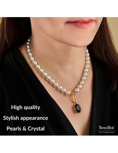 Traveller Pearl Necklace with Pendant - Pearls - 10mm - White - Crystal - Dark Blue - Oval - 45cm - Gold Plated - 114326